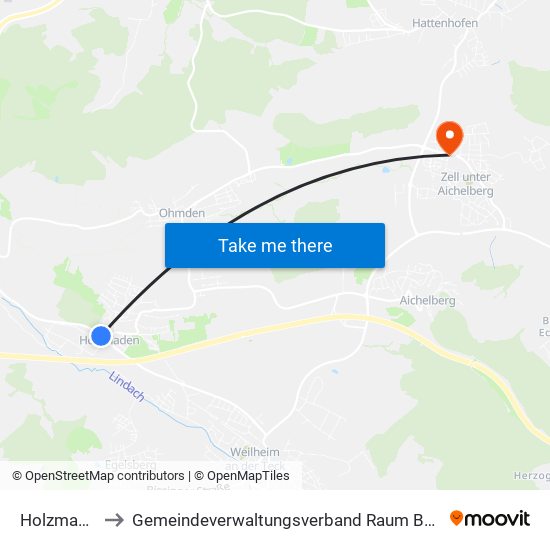 Holzmaden to Gemeindeverwaltungsverband Raum Bad Boll map