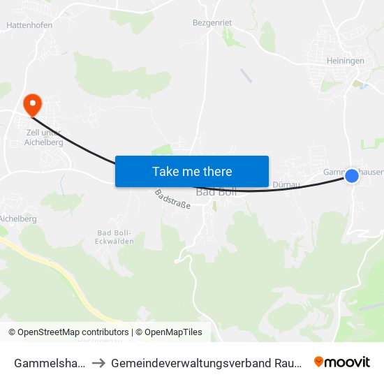 Gammelshausen to Gemeindeverwaltungsverband Raum Bad Boll map