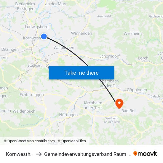 Kornwestheim to Gemeindeverwaltungsverband Raum Bad Boll map