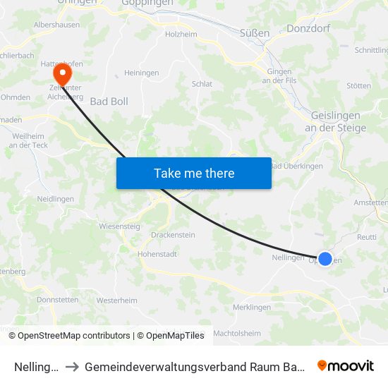 Nellingen to Gemeindeverwaltungsverband Raum Bad Boll map