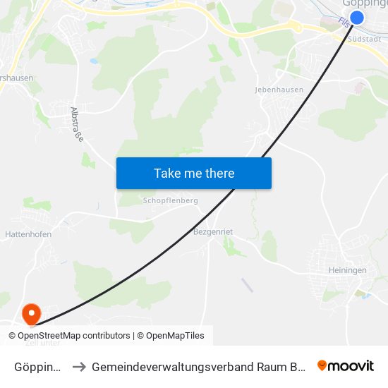 Göppingen to Gemeindeverwaltungsverband Raum Bad Boll map