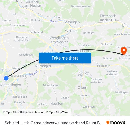 Schlaitdorf to Gemeindeverwaltungsverband Raum Bad Boll map