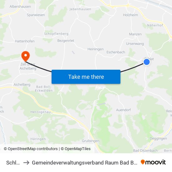 Schlat to Gemeindeverwaltungsverband Raum Bad Boll map