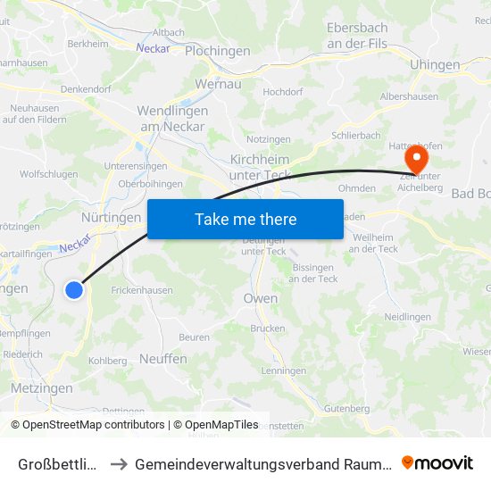 Großbettlingen to Gemeindeverwaltungsverband Raum Bad Boll map