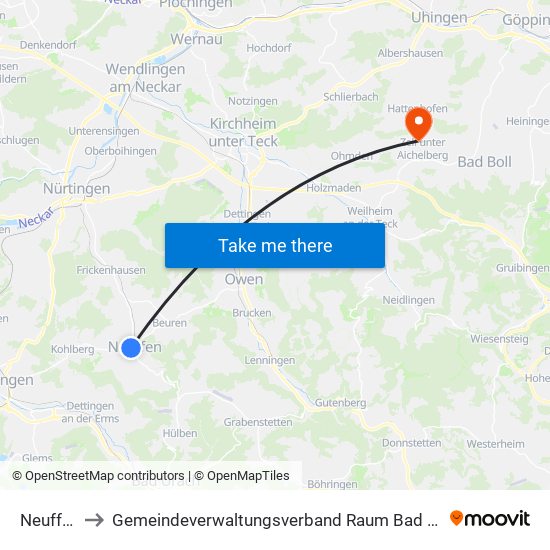 Neuffen to Gemeindeverwaltungsverband Raum Bad Boll map