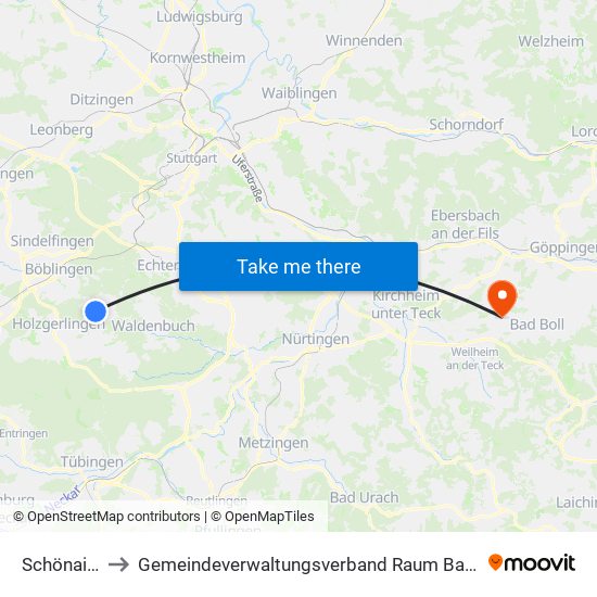 Schönaich to Gemeindeverwaltungsverband Raum Bad Boll map