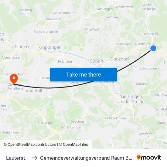 Lauterstein to Gemeindeverwaltungsverband Raum Bad Boll map