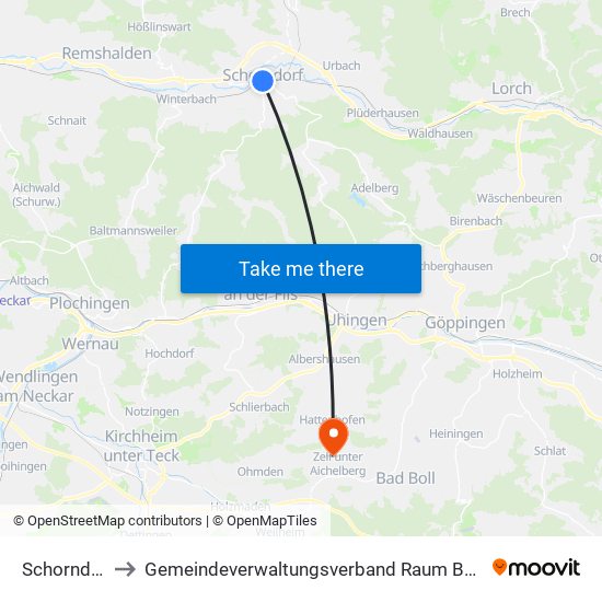 Schorndorf to Gemeindeverwaltungsverband Raum Bad Boll map