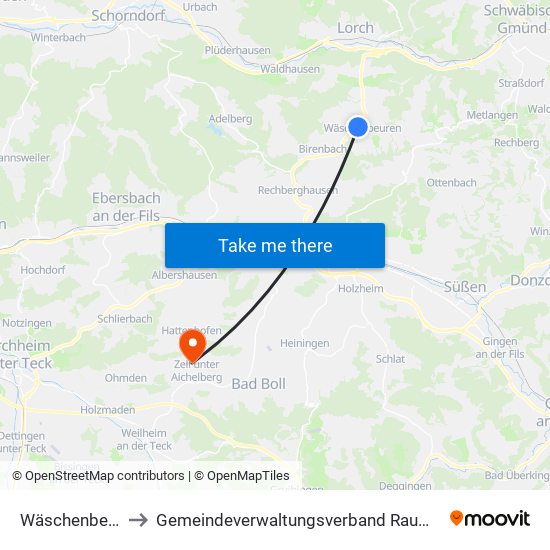 Wäschenbeuren to Gemeindeverwaltungsverband Raum Bad Boll map