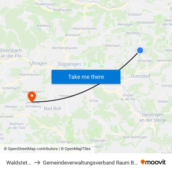 Waldstetten to Gemeindeverwaltungsverband Raum Bad Boll map