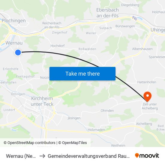 Wernau (Neckar) to Gemeindeverwaltungsverband Raum Bad Boll map