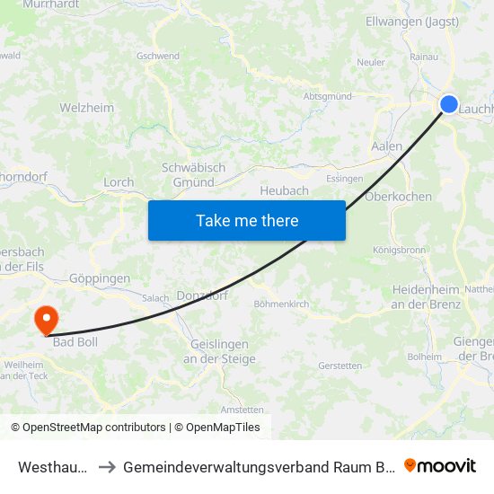 Westhausen to Gemeindeverwaltungsverband Raum Bad Boll map