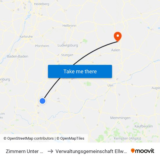 Zimmern Unter Der Burg to Verwaltungsgemeinschaft Ellwangen (Jagst) map