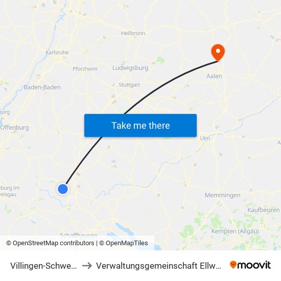 Villingen-Schwenningen to Verwaltungsgemeinschaft Ellwangen (Jagst) map