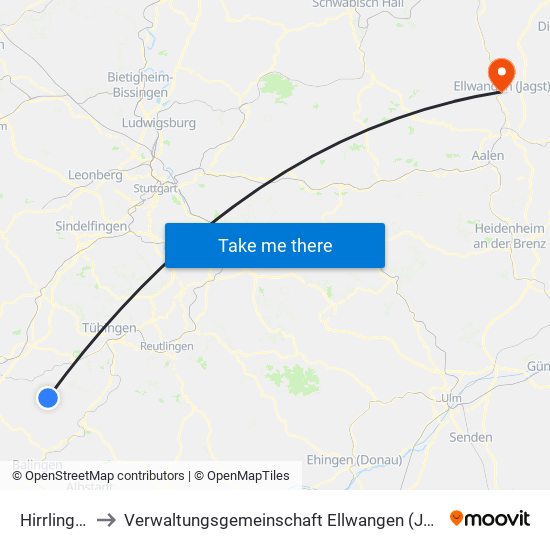 Hirrlingen to Verwaltungsgemeinschaft Ellwangen (Jagst) map