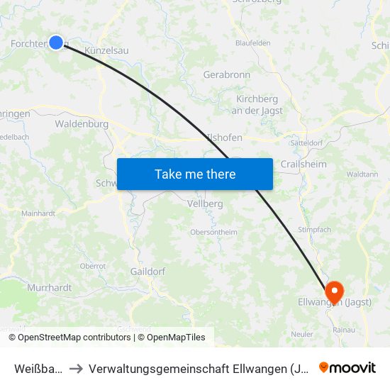 Weißbach to Verwaltungsgemeinschaft Ellwangen (Jagst) map