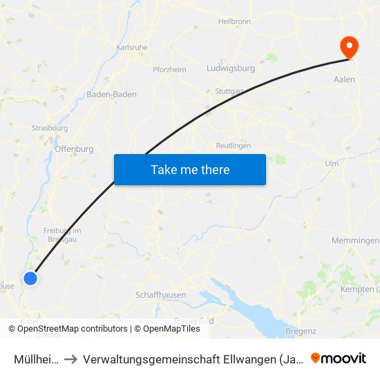 Müllheim to Verwaltungsgemeinschaft Ellwangen (Jagst) map