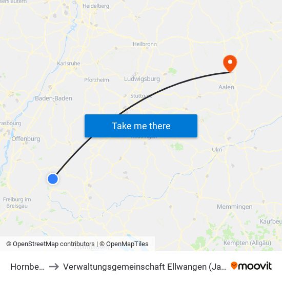 Hornberg to Verwaltungsgemeinschaft Ellwangen (Jagst) map