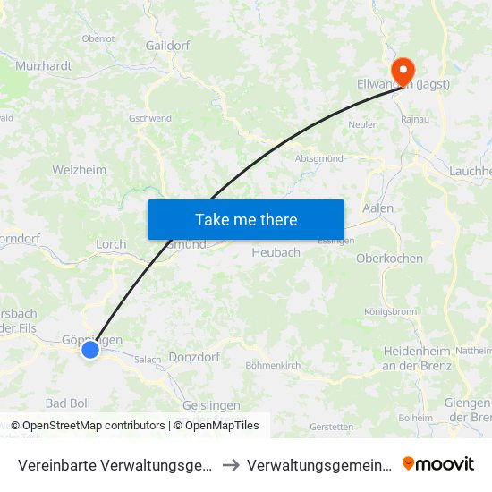 Vereinbarte Verwaltungsgemeinschaft Der Stadt Göppingen to Verwaltungsgemeinschaft Ellwangen (Jagst) map