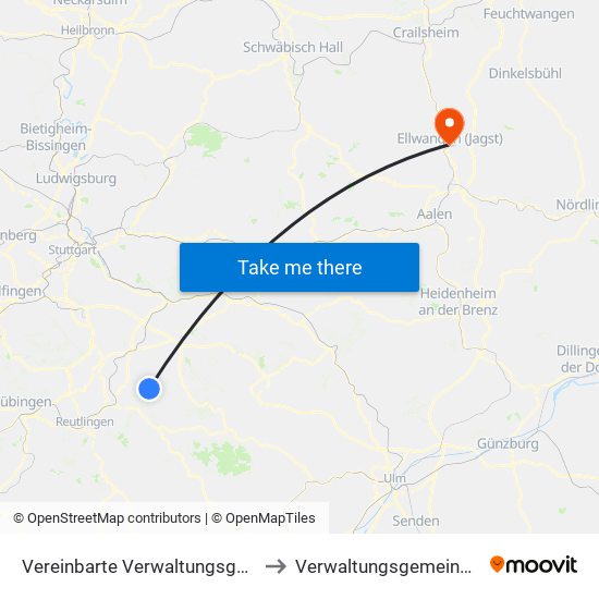 Vereinbarte Verwaltungsgemeinschaft Der Stadt Neuffen to Verwaltungsgemeinschaft Ellwangen (Jagst) map