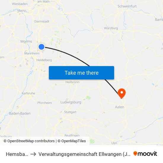 Hemsbach to Verwaltungsgemeinschaft Ellwangen (Jagst) map