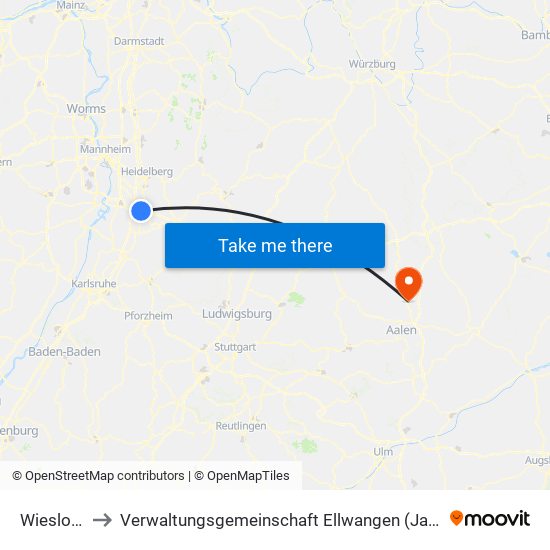 Wiesloch to Verwaltungsgemeinschaft Ellwangen (Jagst) map