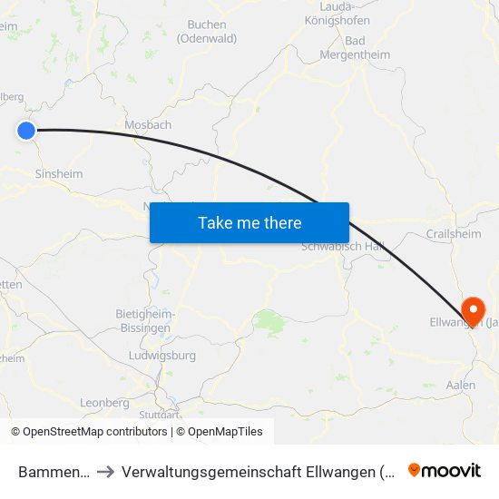 Bammental to Verwaltungsgemeinschaft Ellwangen (Jagst) map