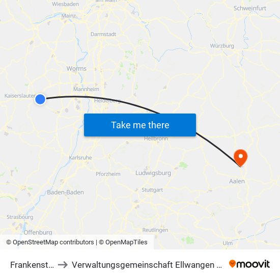 Frankenstein to Verwaltungsgemeinschaft Ellwangen (Jagst) map