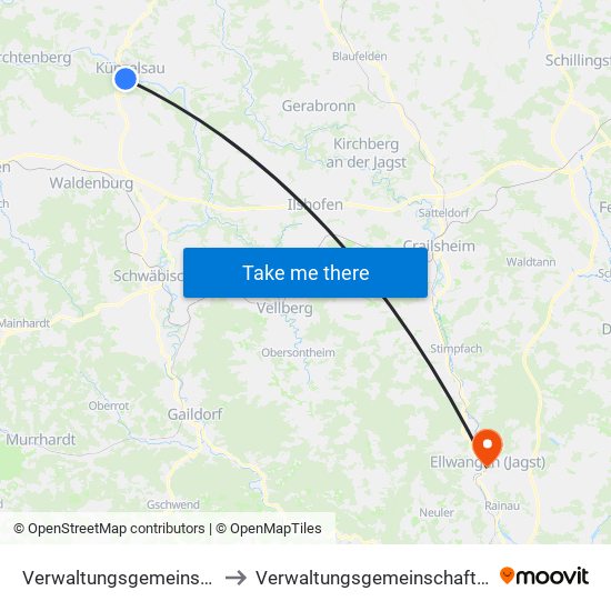 Verwaltungsgemeinschaft Künzelsau to Verwaltungsgemeinschaft Ellwangen (Jagst) map
