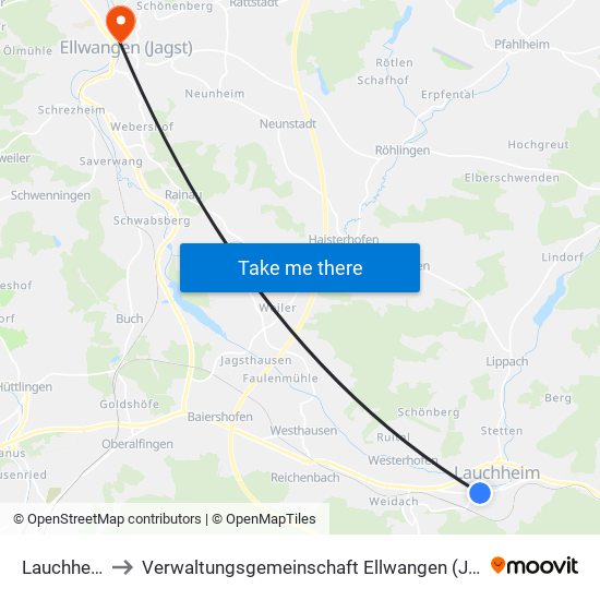 Lauchheim to Verwaltungsgemeinschaft Ellwangen (Jagst) map