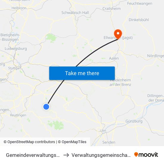 Gemeindeverwaltungsverband Lenningen to Verwaltungsgemeinschaft Ellwangen (Jagst) map