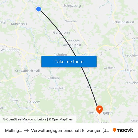 Mulfingen to Verwaltungsgemeinschaft Ellwangen (Jagst) map