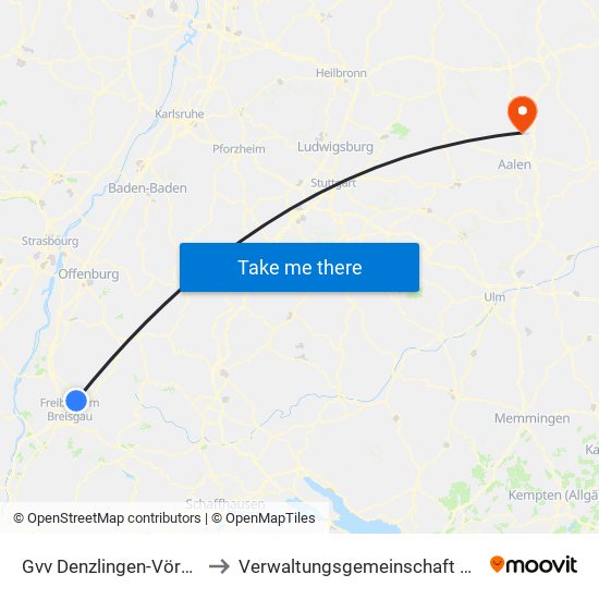 Gvv Denzlingen-Vörstetten-Reute to Verwaltungsgemeinschaft Ellwangen (Jagst) map