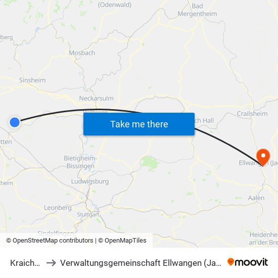 Kraichtal to Verwaltungsgemeinschaft Ellwangen (Jagst) map