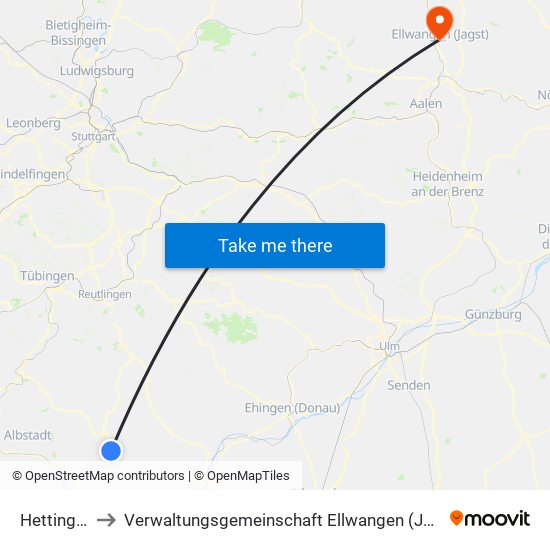 Hettingen to Verwaltungsgemeinschaft Ellwangen (Jagst) map