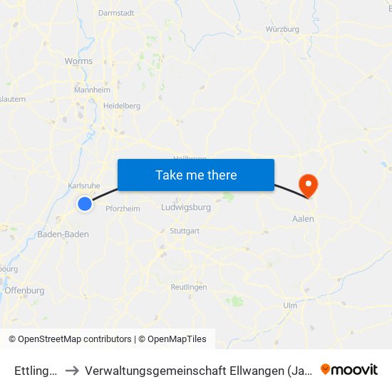 Ettlingen to Verwaltungsgemeinschaft Ellwangen (Jagst) map