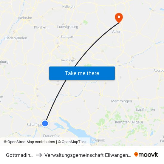 Gottmadingen to Verwaltungsgemeinschaft Ellwangen (Jagst) map