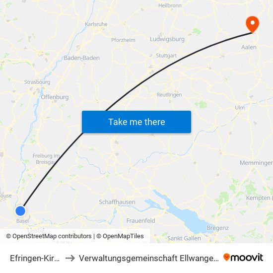 Efringen-Kirchen to Verwaltungsgemeinschaft Ellwangen (Jagst) map