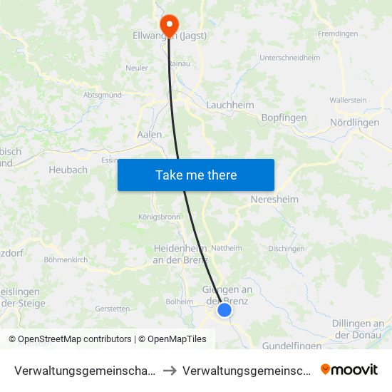 Verwaltungsgemeinschaft Giengen An Der Brenz to Verwaltungsgemeinschaft Ellwangen (Jagst) map