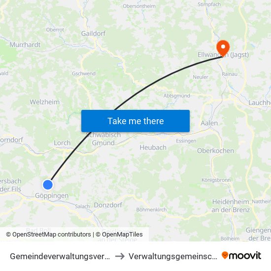 Gemeindeverwaltungsverband Östlicher Schurwald to Verwaltungsgemeinschaft Ellwangen (Jagst) map