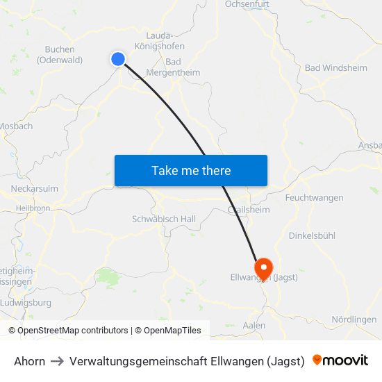 Ahorn to Verwaltungsgemeinschaft Ellwangen (Jagst) map