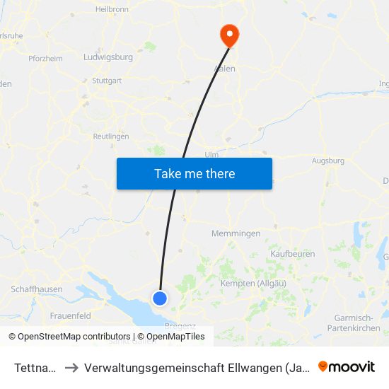 Tettnang to Verwaltungsgemeinschaft Ellwangen (Jagst) map