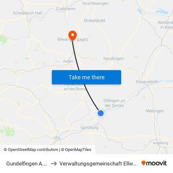 Gundelfingen A.D.Donau to Verwaltungsgemeinschaft Ellwangen (Jagst) map