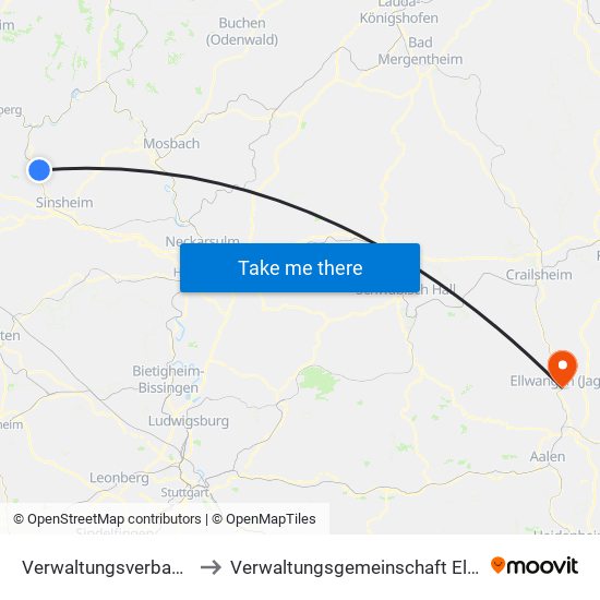 Verwaltungsverband Elsenztal to Verwaltungsgemeinschaft Ellwangen (Jagst) map