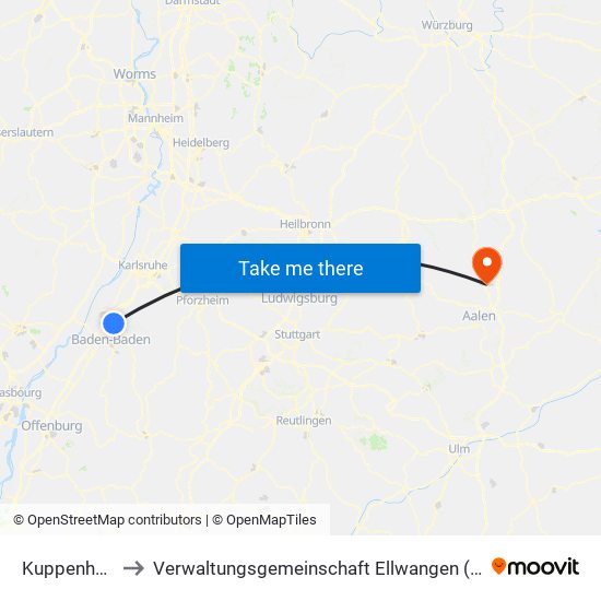 Kuppenheim to Verwaltungsgemeinschaft Ellwangen (Jagst) map