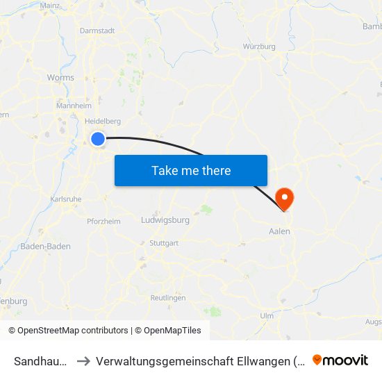 Sandhausen to Verwaltungsgemeinschaft Ellwangen (Jagst) map