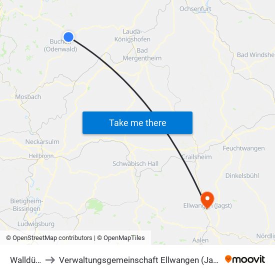 Walldürn to Verwaltungsgemeinschaft Ellwangen (Jagst) map