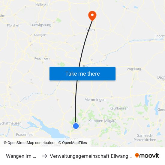 Wangen Im Allgäu to Verwaltungsgemeinschaft Ellwangen (Jagst) map