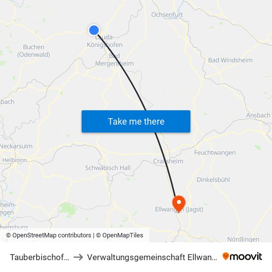 Tauberbischofsheim to Verwaltungsgemeinschaft Ellwangen (Jagst) map