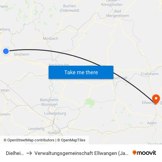 Dielheim to Verwaltungsgemeinschaft Ellwangen (Jagst) map